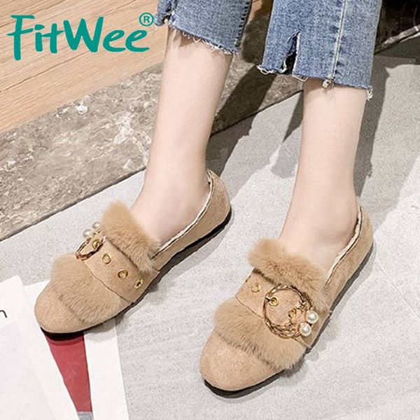 

fitwee fashion woman flats shoes solid color buckle fur casual shoes autumn winter warm daily women footwear size 35-40, Black