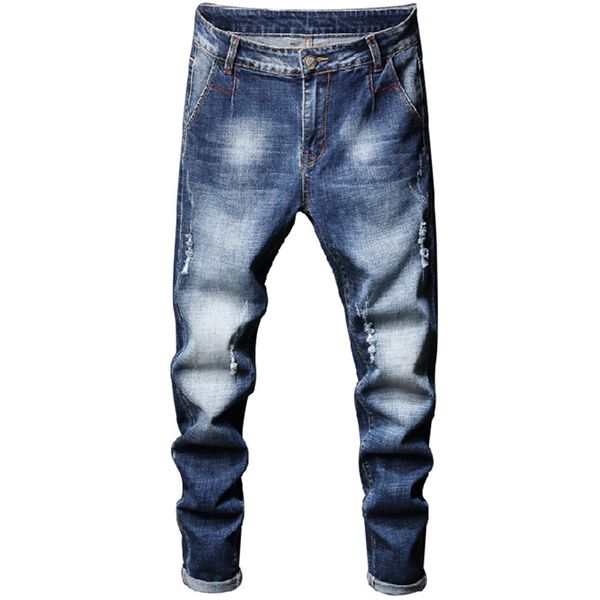 

2020 мода повседневная джинсы мужские прямые stretch маленькие ножки тощий jens мужчины scratched blue hole denim tide брюки брюки, es685
