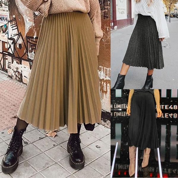 

autumn summer women vintage elegant midi skirt with belt 2020 women high waist pleated skirts womens casual skirts female 0228, Black