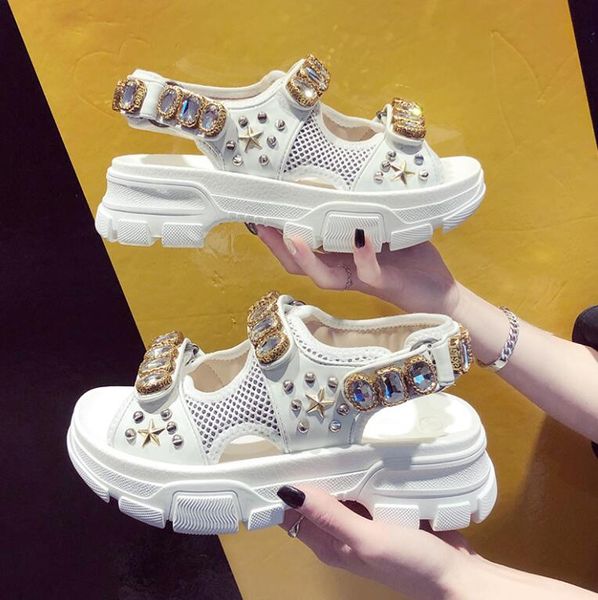 

Fashion Spring 2019 new water diamond sandals thick bottom increase toe leather sneakers for women C1135