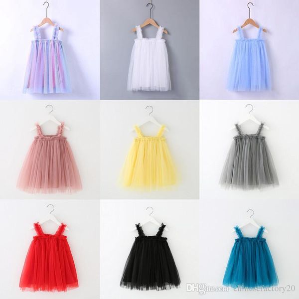 

ins baby girls tutu dresses kids sling gauze skirt rainbow summer party elegant solid color agaric lace gauze skirt 9 colors, Red;yellow