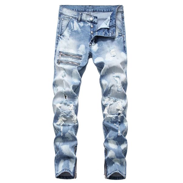 

men's jeans mens fashion zipper design pants hole light blue slim motorcycle ripped washed denim trousers long pencil