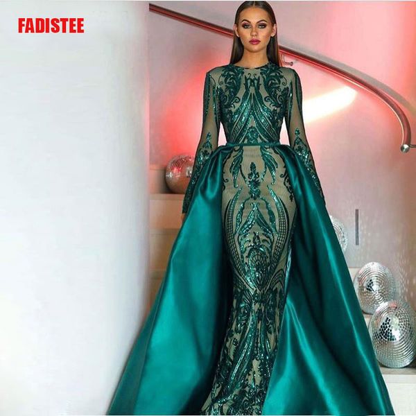 

elegant muslim green long sleeves evening dresses with detachable train sequin bling moroccan kaftan formal party gown, White;black