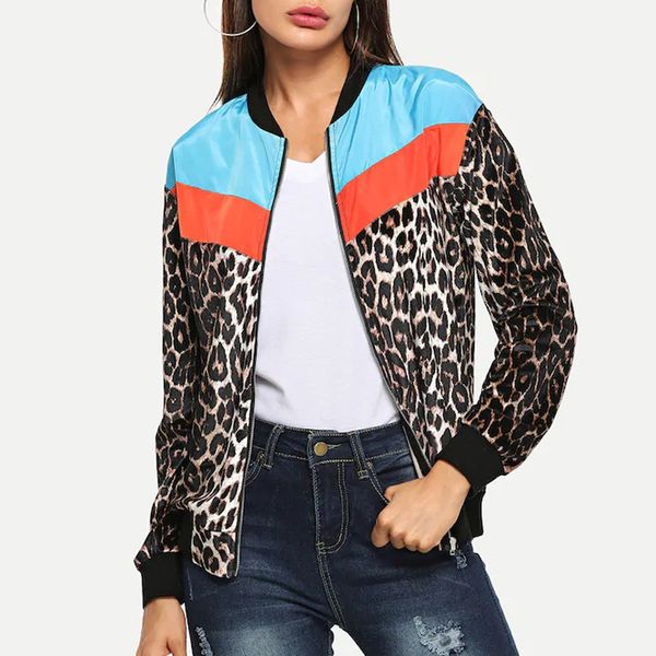 

leopard printed jacket woman zipper bomber female spring outwear casual long sleeve women's clothes outerwear coat dropship, Black;brown