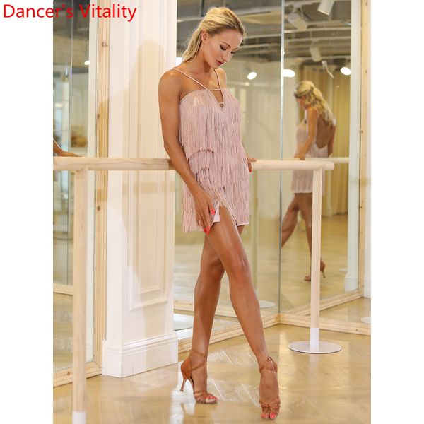 

latin dance practice clothes backless tassel short dress with chest pad rumba samba tango quickstep dancing stage wear, Black;red
