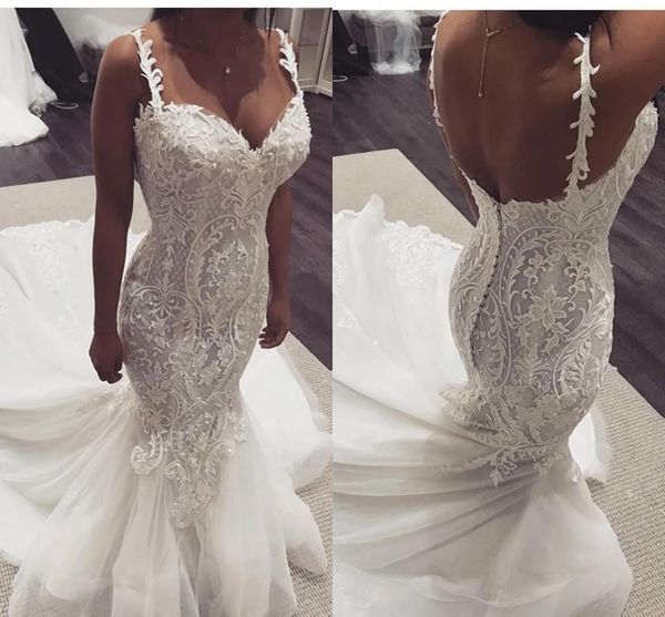 

vintage lace mermaid wedding dresses straps spaghetti wedding gowns vestidos de novia lace applique backless bridal gowns sleeveless custom, White