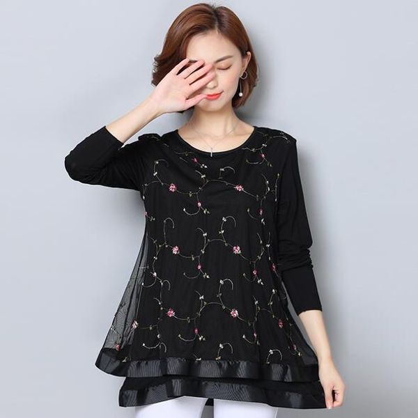 

women blouses shirt 2020 chiffon blouse lace flower embroidery shirts long sleeve loose ladies clothing blusas 5xl ah566, White