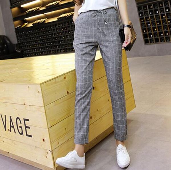 

плед шаровары брюки 2018 новая коллекция весна лето свободные повседневная шнурок эластичные талии брюки хлопок льняные брюки прямая поставк, Black;white