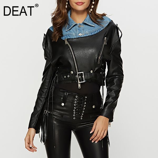 

deat] 2019 new spring summer lapel long sleeve pu leather zipper denim split joint loose jacket women coat fashion tide js006, Black;brown