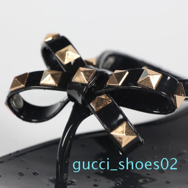 

new 2018 woman summer sandals rivets big bowknot flip flops beach sandalias femininas flat jelly designer sandals g022, Black