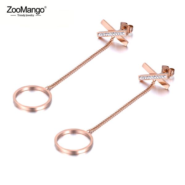 

zoomango stainless steel jewelry rose gold color earrings circle and corss with rhinestone gift boucle doreille brincos ze18332, Silver