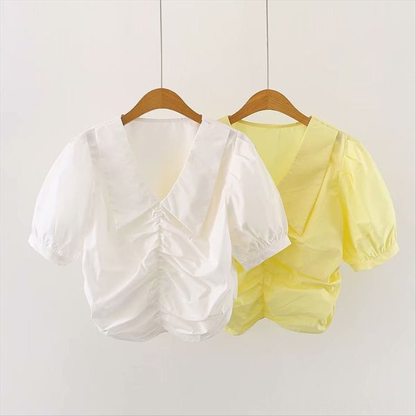 

b2xh-сплошной цвет хлопка заостренный воротник рубашка с короткими рукавами wind женская одежда 2020 блуза b2xh-сплошной цвет хлопка отметил, White