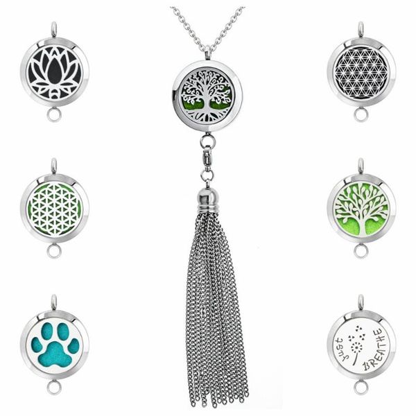

flower of life 25mm diffuser necklace 316l stainless steel magnetic essential oil aroma lockets pendant necklace with tassel, Silver