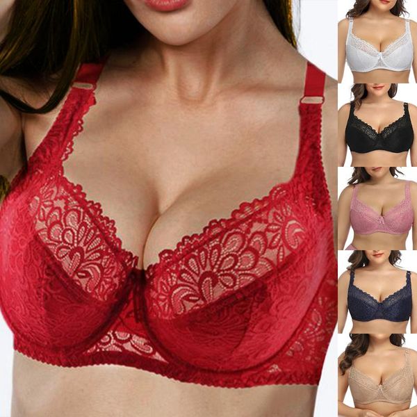 

women's ultra thin bra full coverage soft underwire lace padded brassiere plus size de cup 2020, Red;black