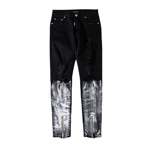 

ewq / men's wear bottom graffiti printed zipper denim jeans ripped knee hole biker jean slim trousers streetwear 9y1763, Blue