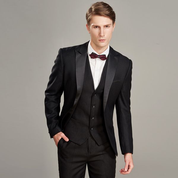 

classic peak lapel wedding tuxedos slim fit suits for men groomsmen suit three pieces prom formal suits (jacket+pants+vest+tie) 566, Black;gray