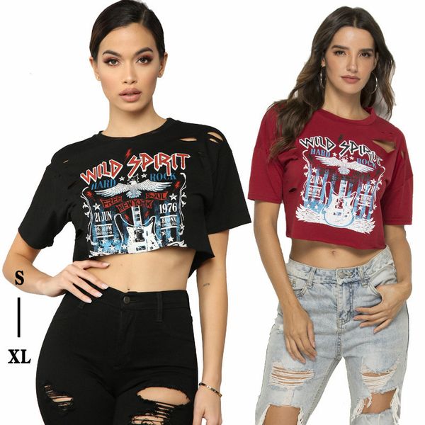 

fashion design women's t-shirt printed holes open neck short short-sleeved women's t-shirt size s-xl, White