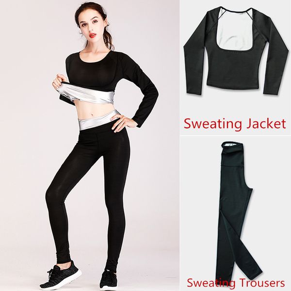 

new women's fitness yoga running sweating suits heat gather shaping slimming flexible elastic sweater jacket & trousers, White;black