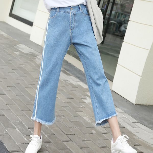 

korean style fashion woman wide leg jeans high waist harajuku women denim pants loose side stripe jeans mujer, Blue