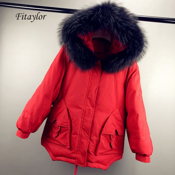 

fitaylor winter women down jacket warm large natural fur collar white duck down parka casual female loose thick outwear, Black