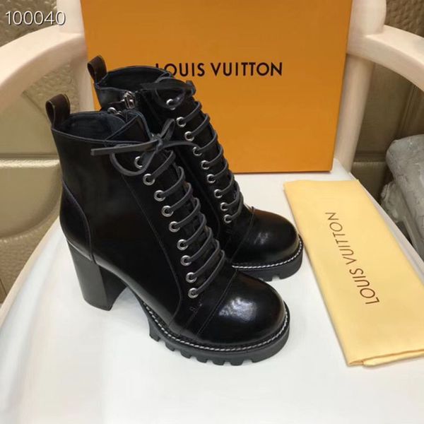 

2020 women luxury high heel boots leather ankle boot chunky heel martin shoes print leather platform desert lace-up boot 5cm with box, Black