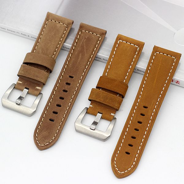 

24mm vintage genuine crazy horse leather watch strap bands for pam441 pam111 pam438 watchbands men's cow leather watch bracelet, Black;brown