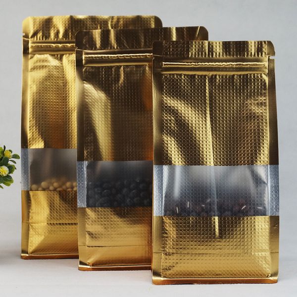 Borsa per goffratura a fondo piatto 10x20cm, 100 pezzi / lotto Stand Up Filo d'oro opaco che forma sacchetto a chiusura lampo, Borse per la conservazione dei chicchi di caffè in foglio di alluminio dorato