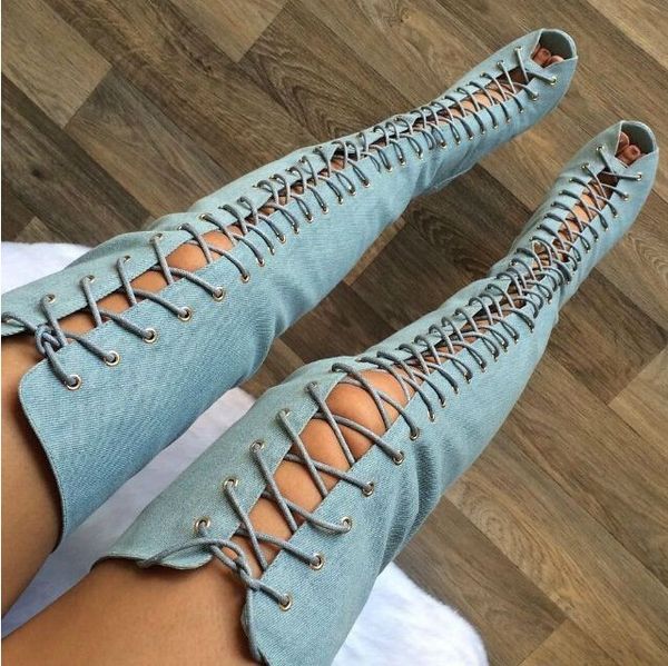 

selling open-toe thigh high boots designer blue denim boots lace-up high heel over the knee heel, Black