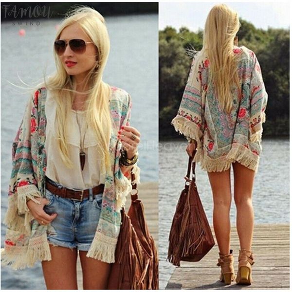 

2020 new women ladies summer beachwear cover up boho floral lace cardigan tassel hippie kimono blouse dropshipping, White