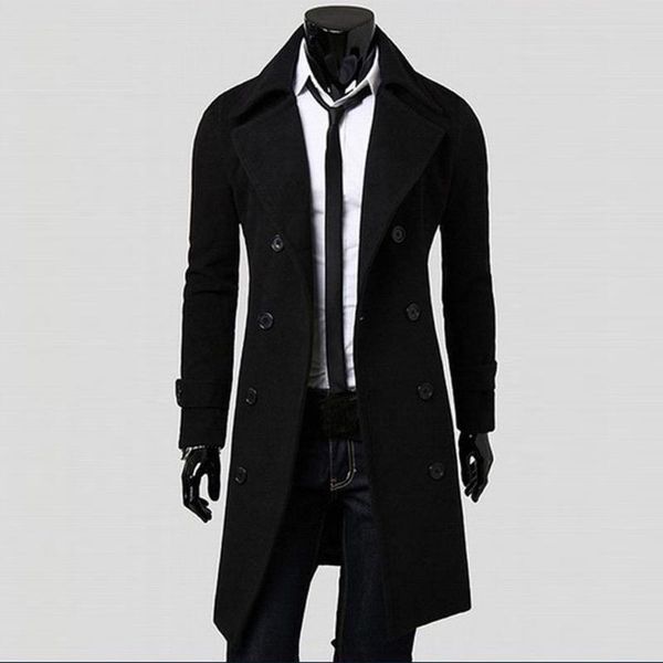 

jacket male 2020 winter men slim stylish trench turn down collar long sleeve coat double breasted long jackets chaqueta hombre, Black