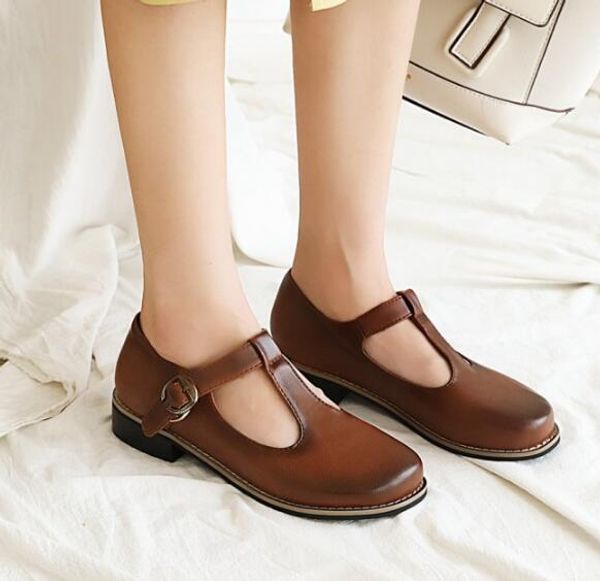 

womens retro round toe flats heel t-strap mary jane college girls leather casual shoes, Black