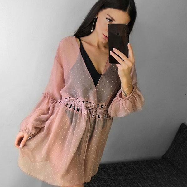 

summer lantern sleeve chiffon cardigan women beach holiday sunscreen cover-ups female swimsuit drawstring transparent cardigans, Blue;gray