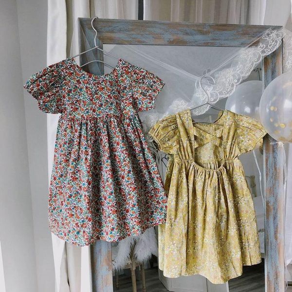 

wholesale girl floral dress 2020 summer new korean children wear girl's cotton linen backless short sleeve dress e20025, Red;yellow