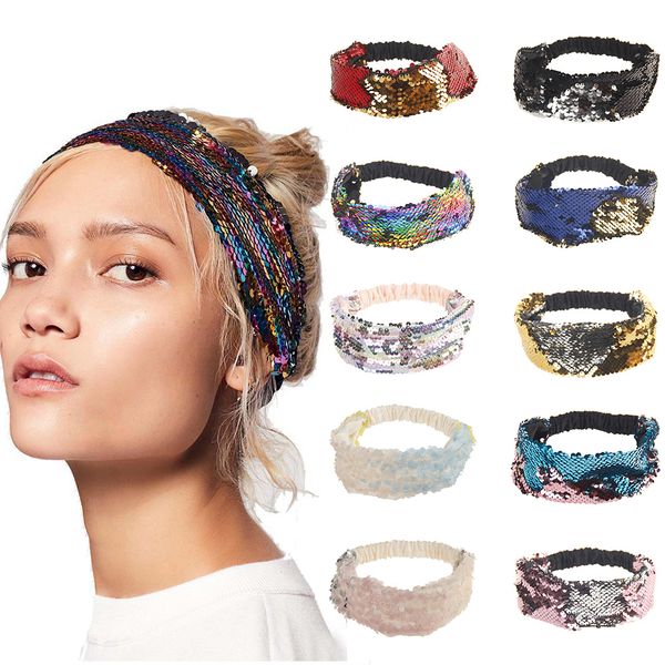 

double sided flip mermaid sequin hairband women headband reversible glitter sequins elastic hair bands headwear hair accessories