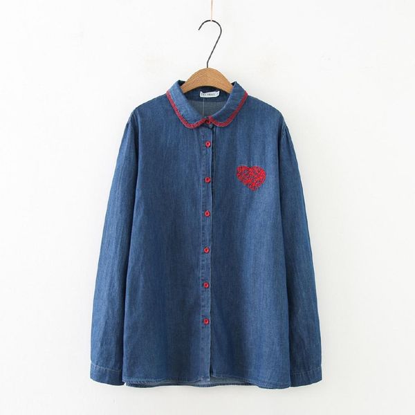 

plus size women denim blouse loose long sleeve heart embroidery casual top, White