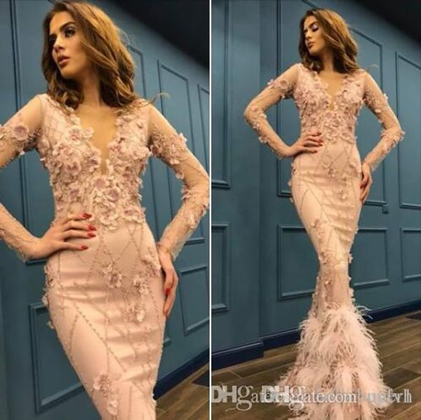 

mermaid pink long sleeve evening dresses long muslim south africa 2019 v neck elie saab party prom dresses, Black;red