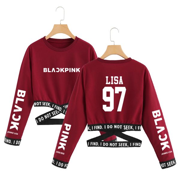

blackpink kpop обрежьте толстовка harajuku лето crop top женской одежды 2019 корейский стиль для женщин с длинным рукавом мода горячие tops, Black