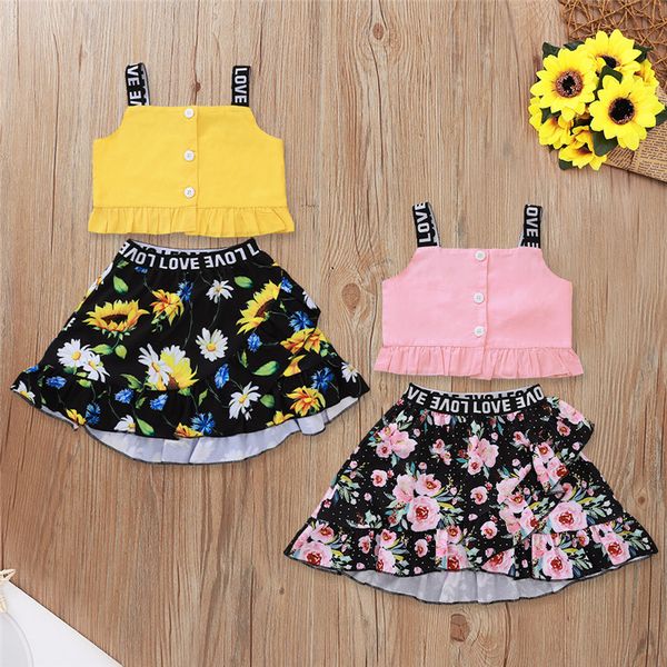

2020 toddler baby girl clothes summer sleeveless solid vest floral skirt 2pcs outfits cotton clothes summer baby set, White