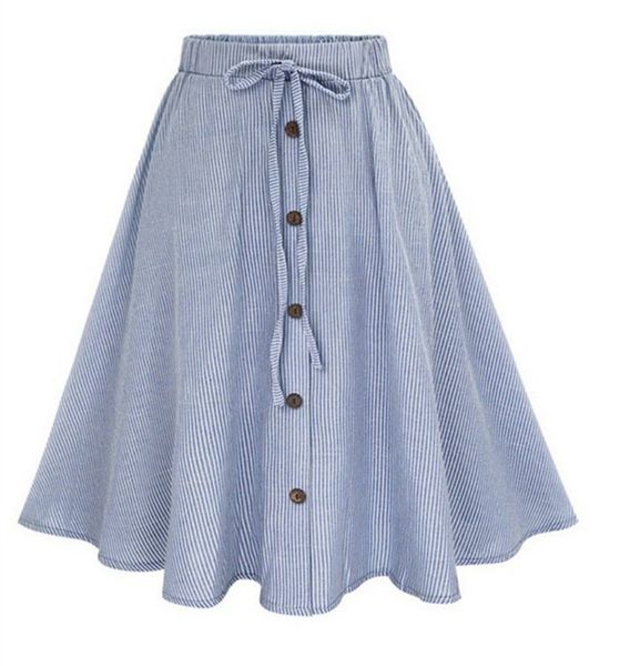 

european and american style 2019 summer new women's lace belt buckle fine stripes white casual a word cotton skirt tll032, Black