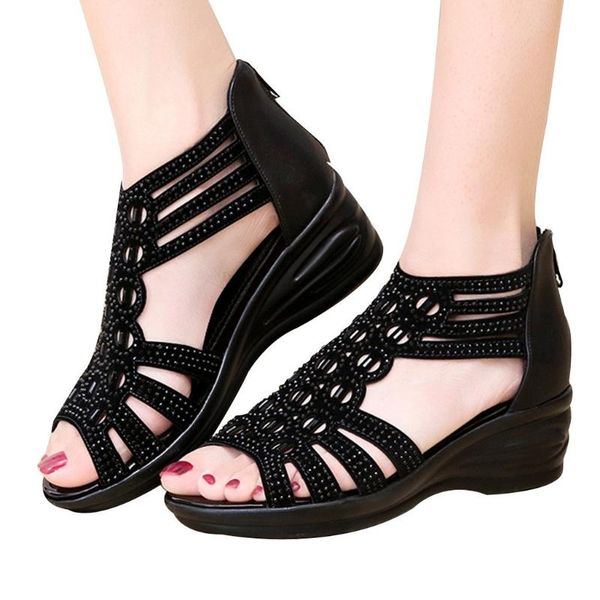

women rome wedges sandals shoes ladies sandals rhinestone fish mouth hollow rome back zipper casual shoes zapatos de mujer 2020, Black