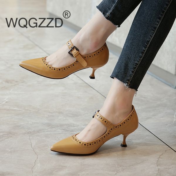 

european genuine leather women mary janes shoes casual high heels pumps women comfortable office ladies shoes, Black