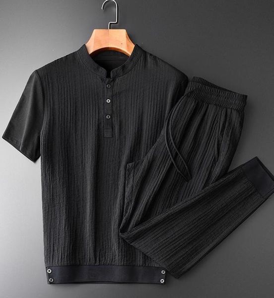 

stand collar mens (t-shirts+pants) plus size 4xl luxury wrinkle fabric short sleeve man summer pants mans sets, Gray