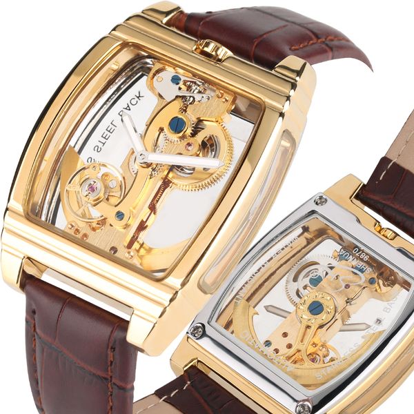 

mechanical watch genuine leather watch band automatic self wind skeleton watches elegant luxury business style clock gifts, Slivery;brown