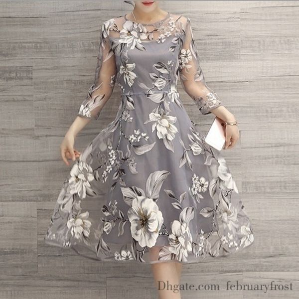 

Februaryfrost 2020 Fashion Women Summer Slim Seven-point Sleeves Round Neck Dress Flower Print Organza Dresses for Lady