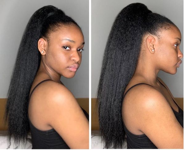 

african straight kinky african american ponytail natural looking yaki kinky straight brazilian hair ponytail hair extension hairpiece 120g, Black
