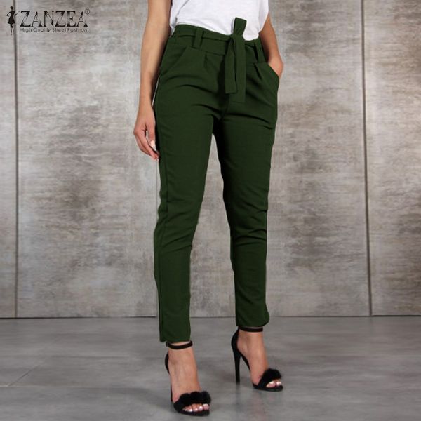 

2019 fashion women's long pants zanzea ladies casual solid pants female elegant high waist pockets trousers pantalones mujer 5xl, Black;white