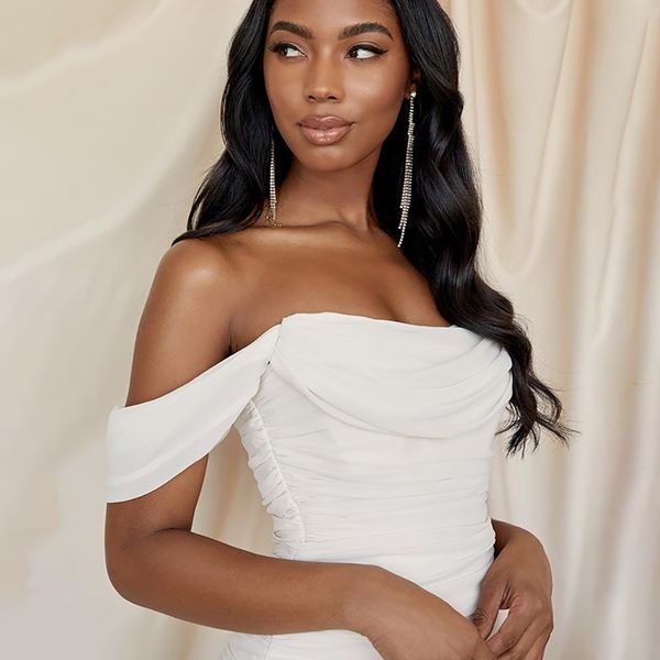 

new selling open back solid mesh off shoulder bra pleated dress