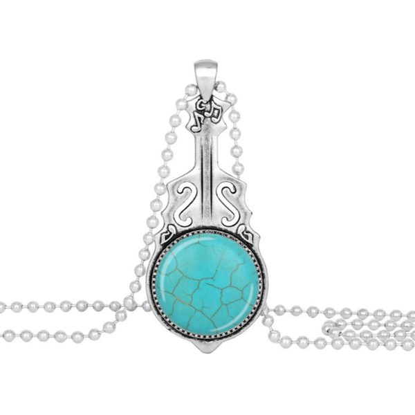 

fyjs unique silver plated alloy guitar shape pendant green turquoises stone necklace for party jewelry