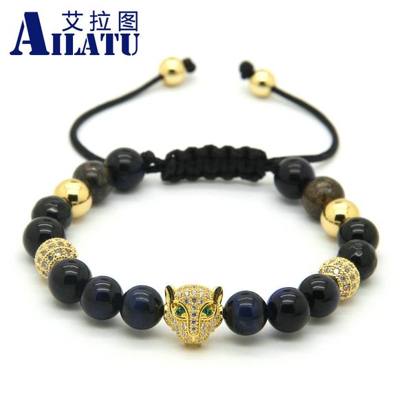 

ailatu 8mm blue tiger eye stone beads new leopard head braided macrame european american weaving bracelets, Golden;silver