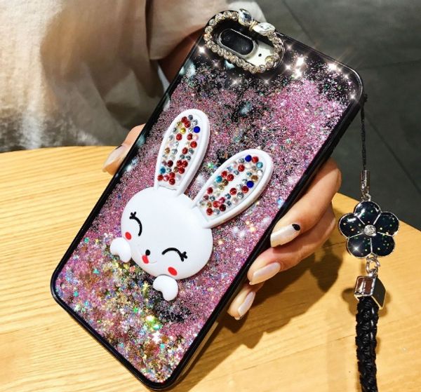 Bling Glitter Dynamic Quicksand Liquid Case per iPhone xs max xr X Custodie per telefoni con coniglio con diamante carino con cordino